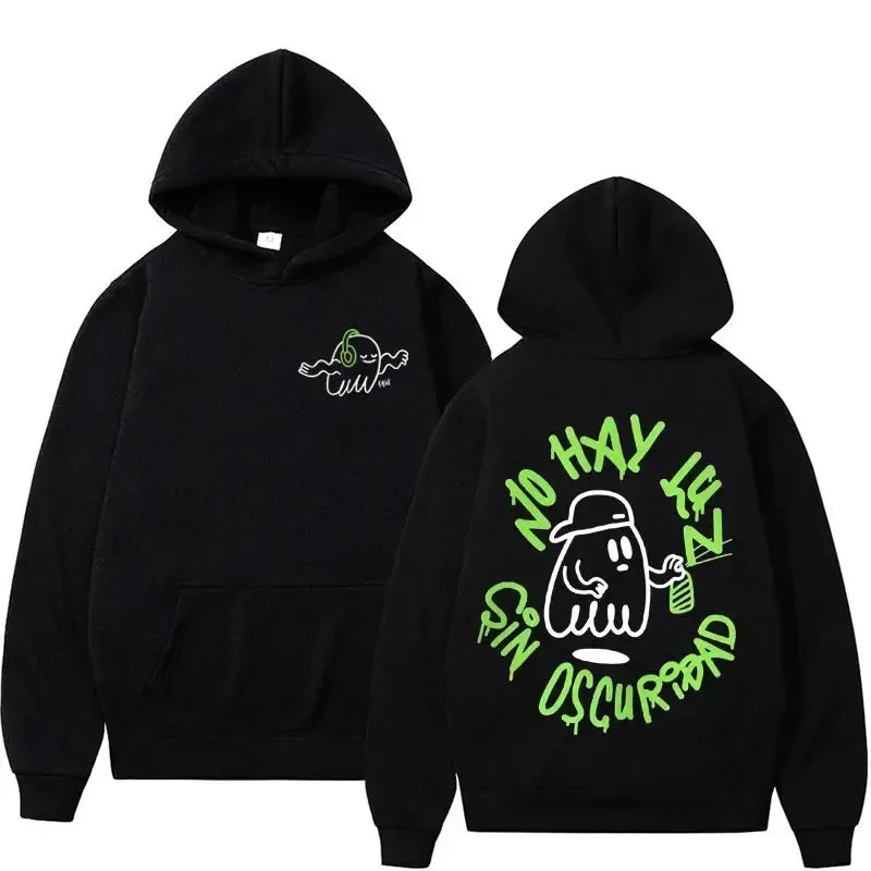 Black hoodie featuring a neon green cartoon ghost graphic and lettering on the back; trendy graphic hoodie for man sweatshirt loose style