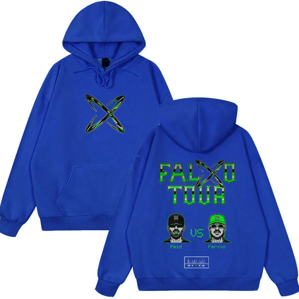 Image of back side of royal blue oversized pullover streetwear hoodie with glowing green x logo and rapper feid ferxxo tour print in cotton