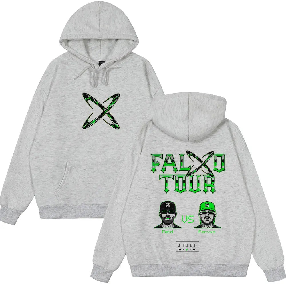 Gray heathered rapper feid ferxxo tour oversized pullover streetwear hoodie with green graphic cotton casual sweatshirt