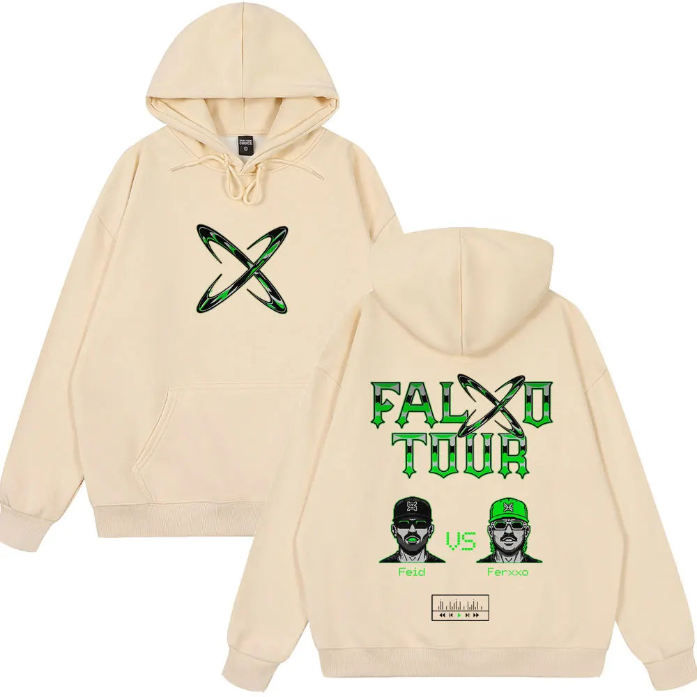 Cream-colored casual cotton oversized pullover streetwear hoodie with green rapper feid ferxxo tour graphic and logo