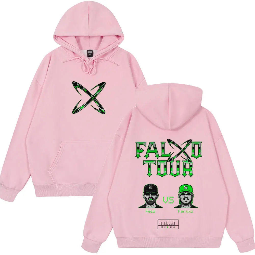 Pink hoodie with green rapper feid ferxxo tour graphic featuring portraits, casual cotton oversized pullover streetwear