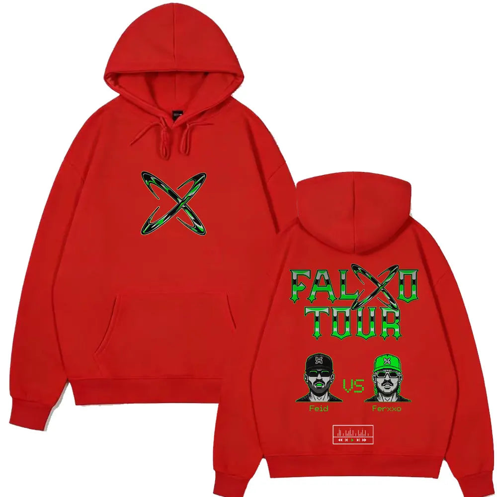Red hoodie with green falxo tour graphic and feld vs portraits casual cotton oversized pullover streetwear for men and women