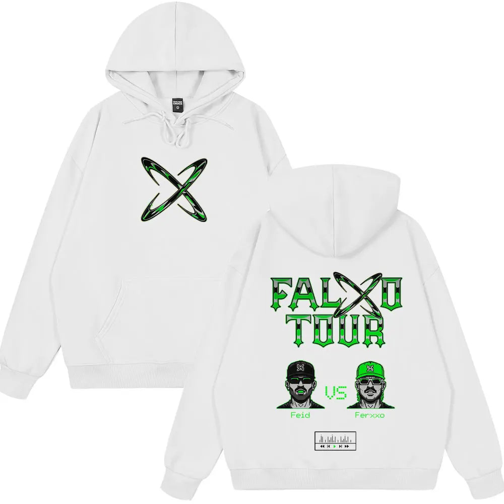 White hoodie with green rapper feid ferxxo tour graphic print oversized pullover streetwear cotton sweatshirt