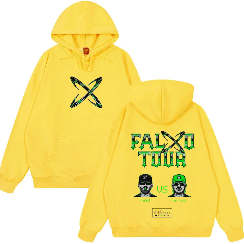 Bright yellow oversized pullover streetwear hoodie with green x and falxo tour graphic made of casual cotton sweatshirts for rapper feid ferxxo tour