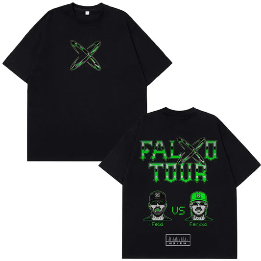 Black casual cotton oversized t-shirt with neon green feid ferxxo tour graphic and rapper feid ferxxo illustrations