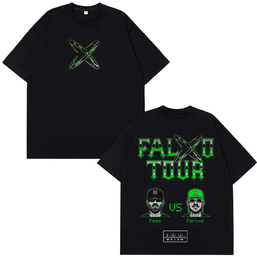 Black short-sleeved rapper feid ferxxo tour 2026 print t-shirt with neon green design casual cotton oversized summer wear