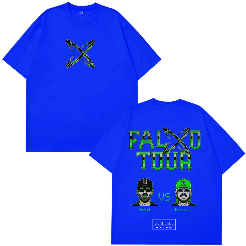Vibrant royal blue rapper feid ferxxo summer casual cotton t-shirt with bold green and black falxo tour graphic design