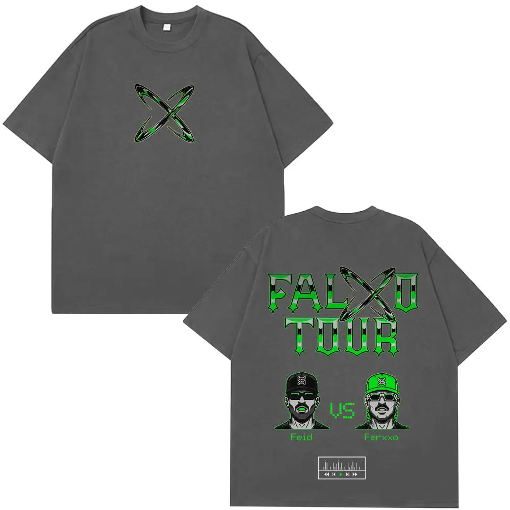 Dark gray rapper feid ferxxo summer casual cotton oversized t-shirt with green falxo tour graphic and artist portraits