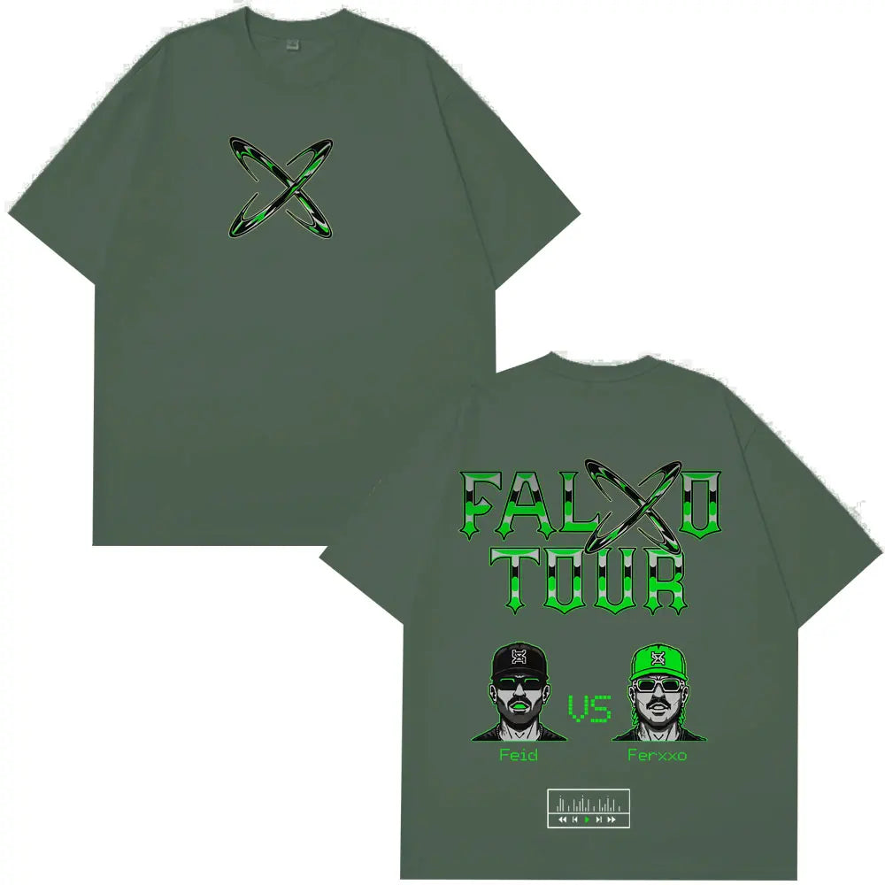 Olive green short-sleeved casual cotton oversized t-shirt featuring neon falxu tour graphic with rapper feid ferxxo portraits