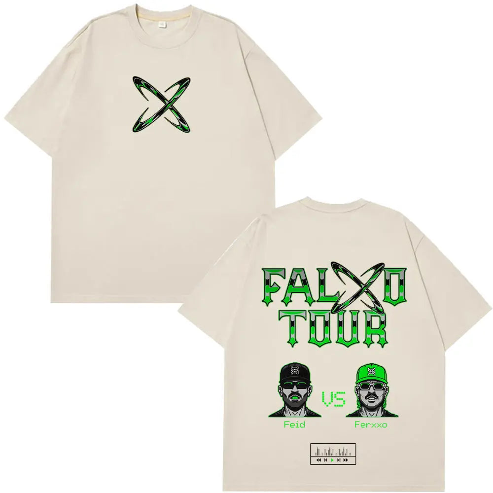 Beige short-sleeved casual cotton oversized t-shirt with green falxo tour graphic and rapper feid ferxxo portraits on back