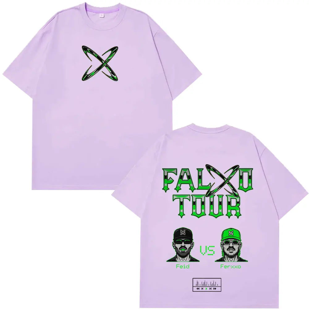 Lavender-colored summer casual cotton oversized t-shirt featuring rapper feid ferxxo tour 2026 green graphic design