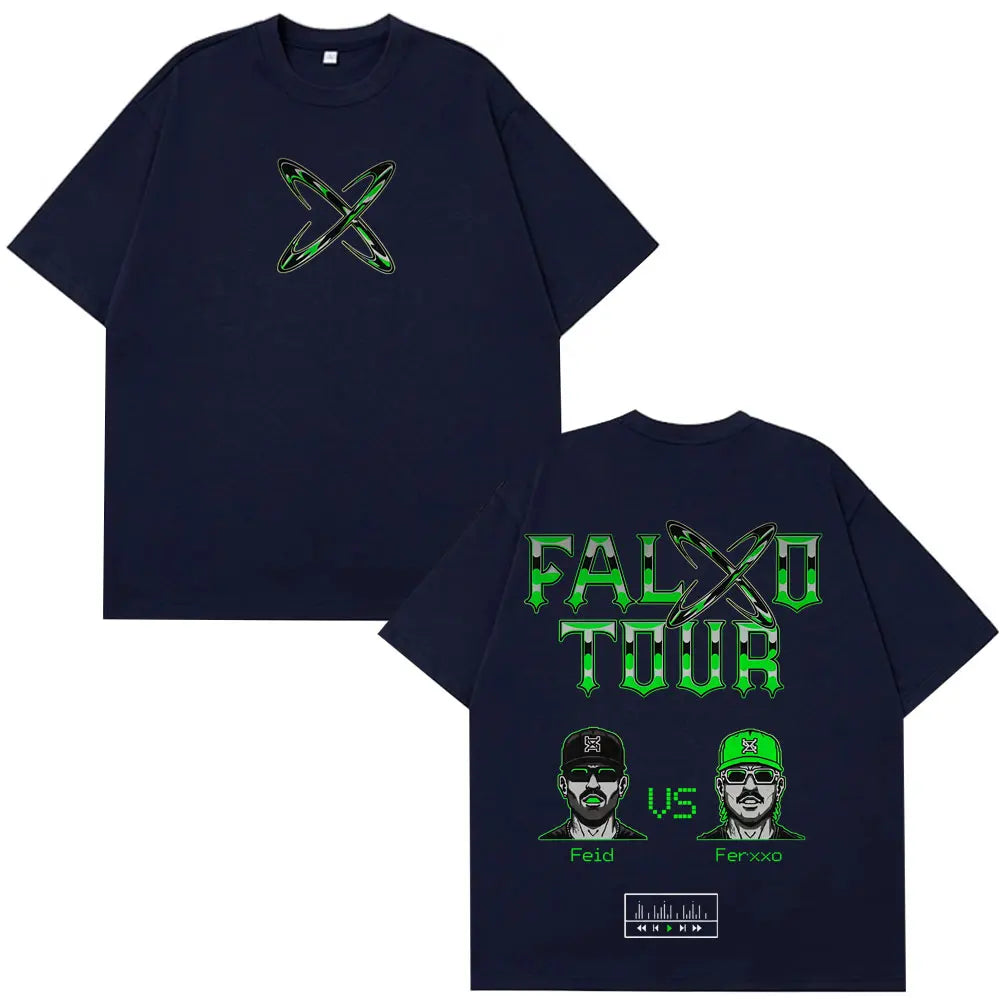 Navy blue summer casual cotton oversized t-shirt with green neon rapper feid ferxxo tour 2026 graphic for streetwear