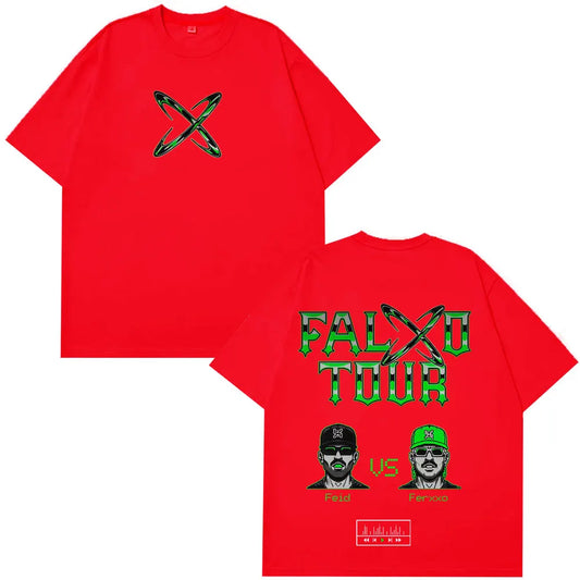 Red rapper feid ferxxo tour 2026 print summer casual cotton oversized t-shirt with green graphic and stylized portraits