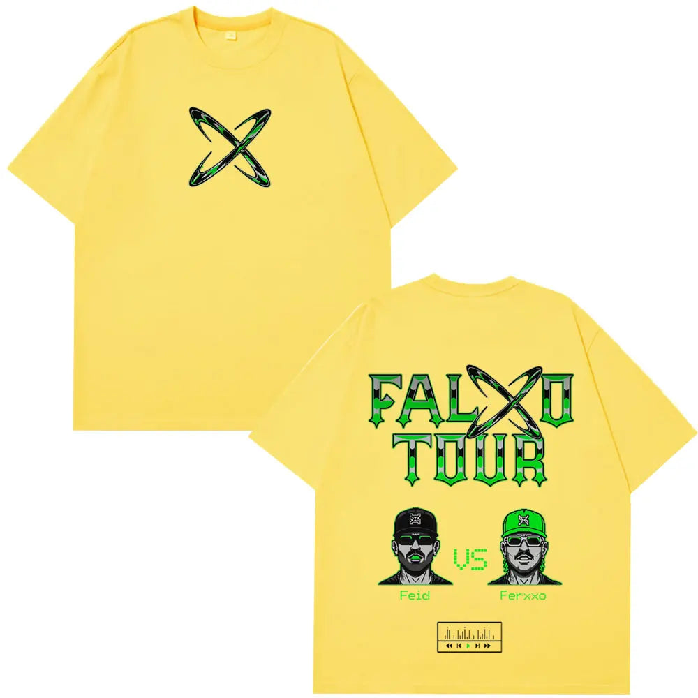Yellow short-sleeved rapper feid ferxxo tour 2026 print t-shirt with green graphic design summer casual cotton oversized