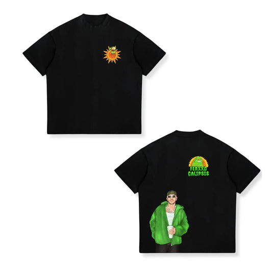 Black cotton oversized hip hop t shirt featuring ferxxo calipsis text and cartoon graphic on back with orange sun chest design