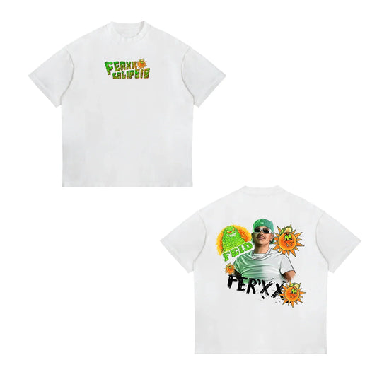 White short-sleeved cotton t-shirt with colorful cartoon prints and text on front and back for summer hip hop fashion