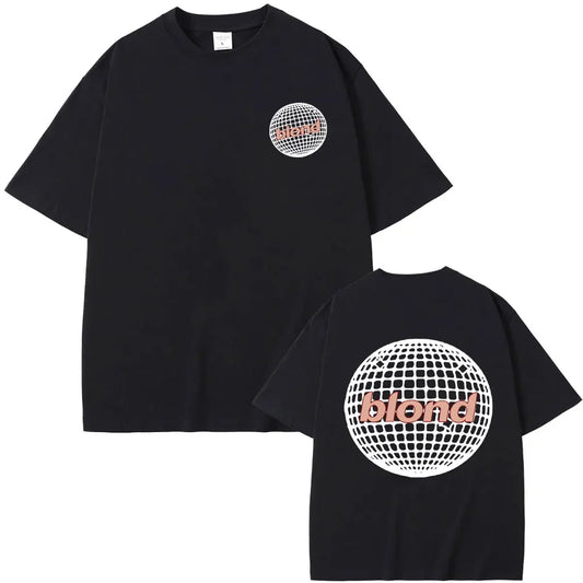Black short-sleeved rapper frank fashion t-shirt with white globe grid and pink blond lettering on front and back