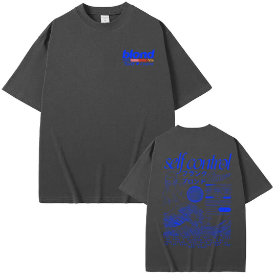 Dark gray oversized hip hop vintage t shirt with blue blond logo on chest and self control graphic on back side