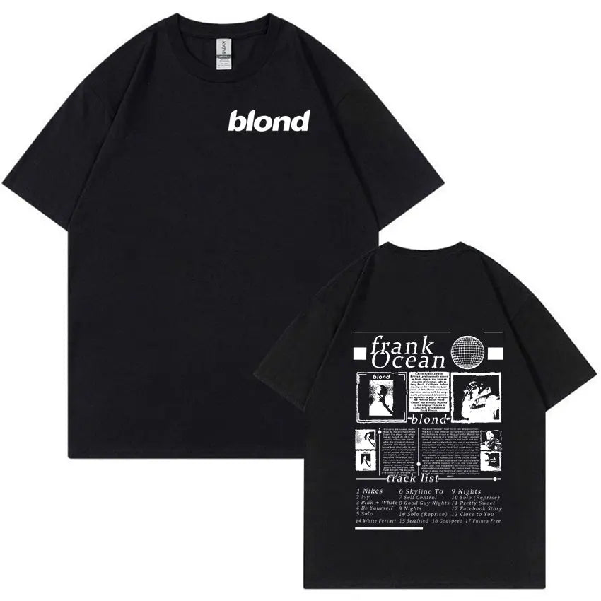 Black short-sleeved t-shirt with white blonde branding front and detailed black-and-white rapper frank music graphic back