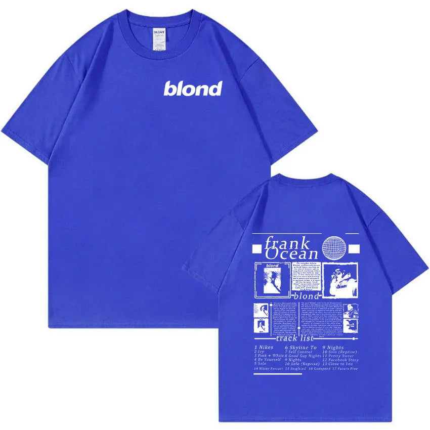 Royal blue short-sleeved t-shirt with white blond branding front and rapper frank music Blonde Ocean High back print