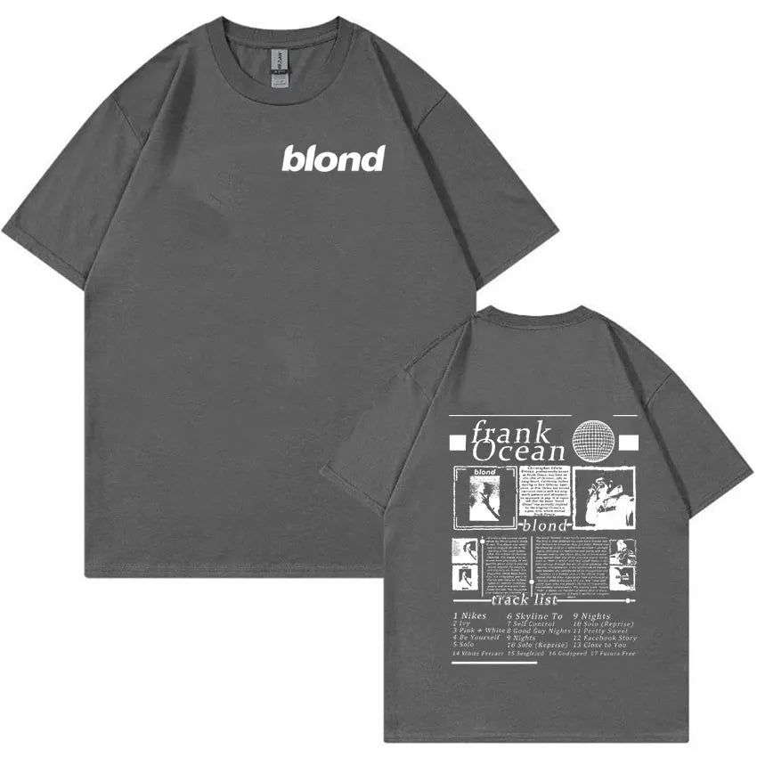 Dark gray short-sleeved t-shirt with white blond logo front and hip hop retro rapper frank music newspaper back design