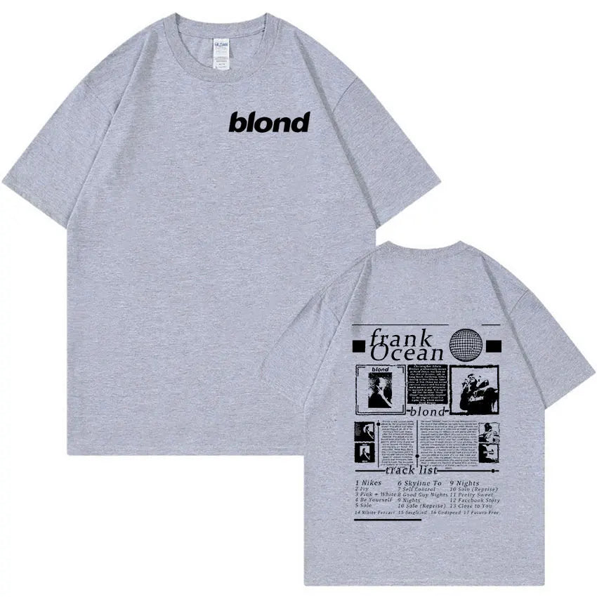 Gray heathered oversized t-shirt featuring rapper frank music blonde ocean high album print for hip hop retro streetwear