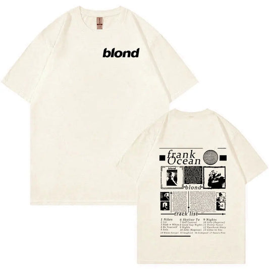 Cream-colored short sleeve t shirt with black blond branding and frank ocean album art on back for hip hop retro style