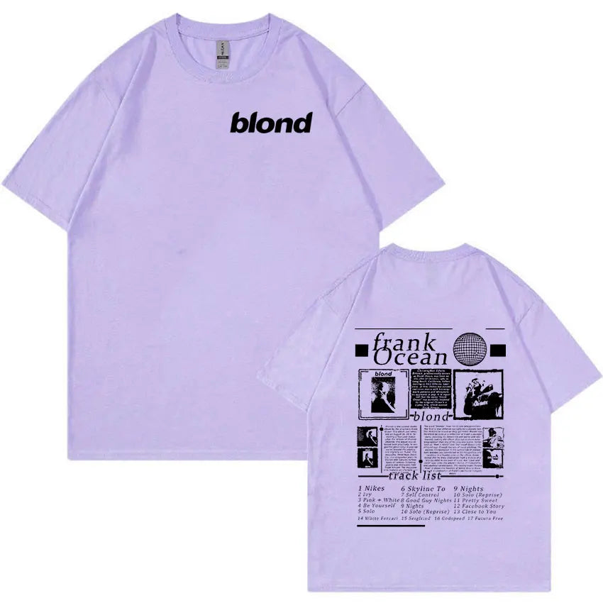 Light purple short-sleeved oversized t-shirt with blond print front and rapper frank music blonde ocean high graphic back for hip hop retro style