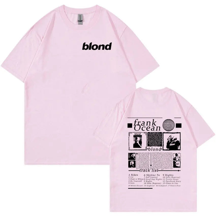 Light pink oversized short-sleeved t-shirt with rapper frank music blonde ocean high graphic print hip hop retro style