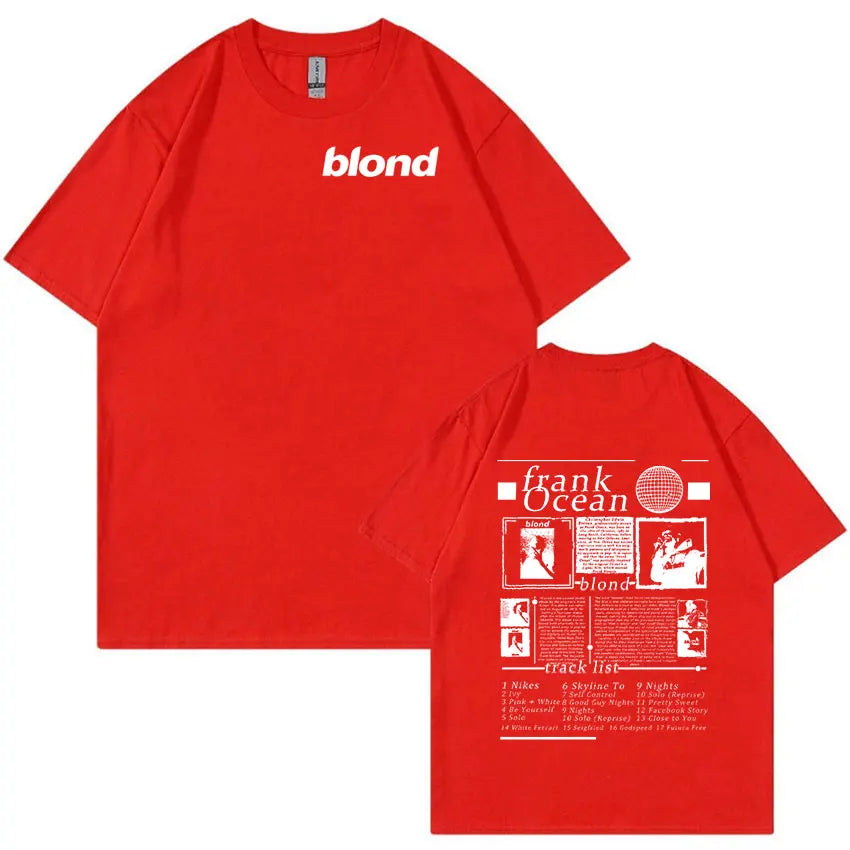 Red short-sleeved t-shirt with white blond logo front and hip hop retro frank ocean album art on back
