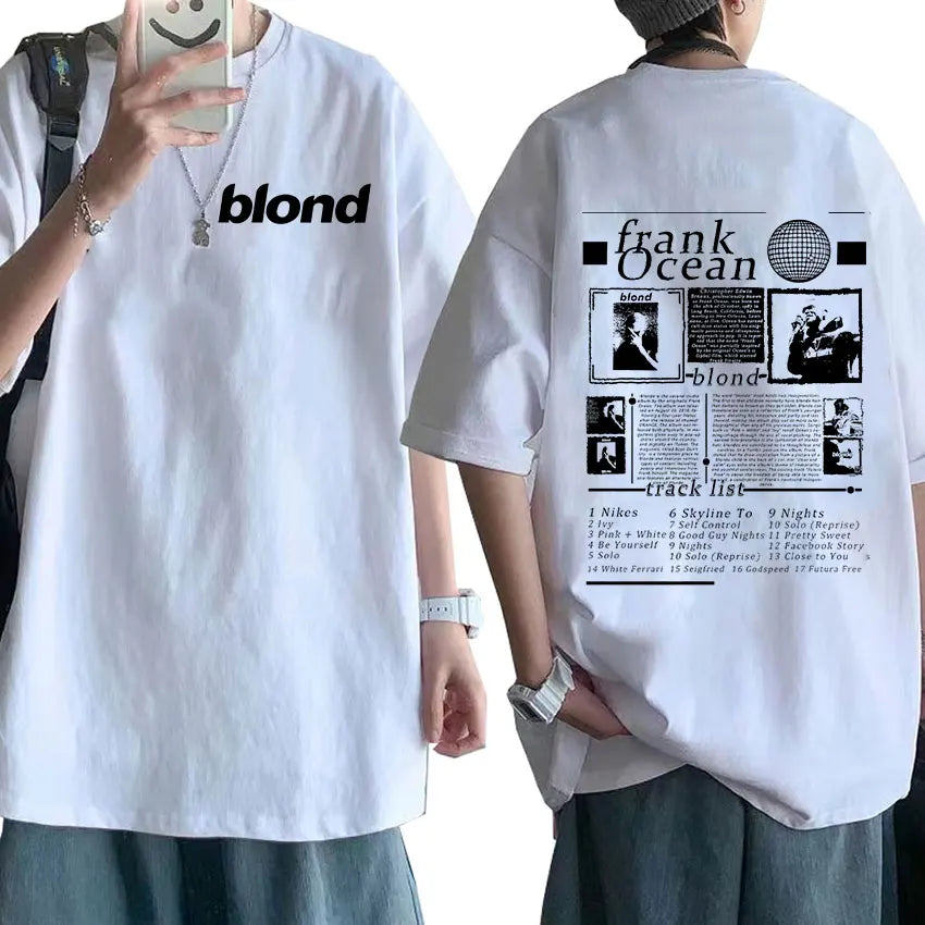 White oversized t-shirt with black frank ocean blonde album track list graphic for hip hop retro streetwear