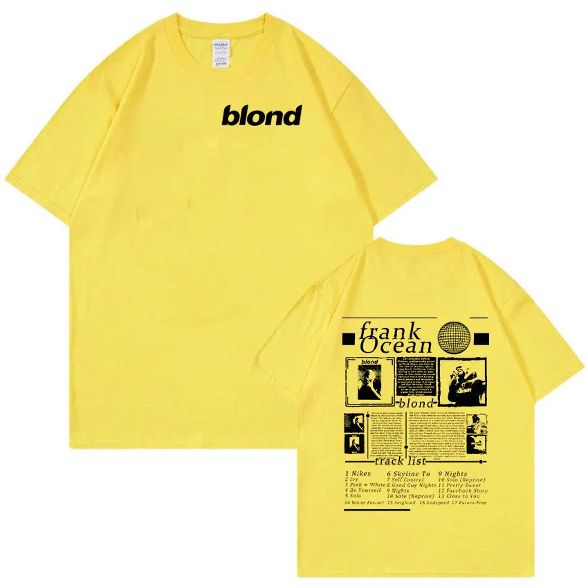 Yellow short-sleeved oversized t-shirt with black blond logo front and detailed frank ocean album art back hip hop retro style