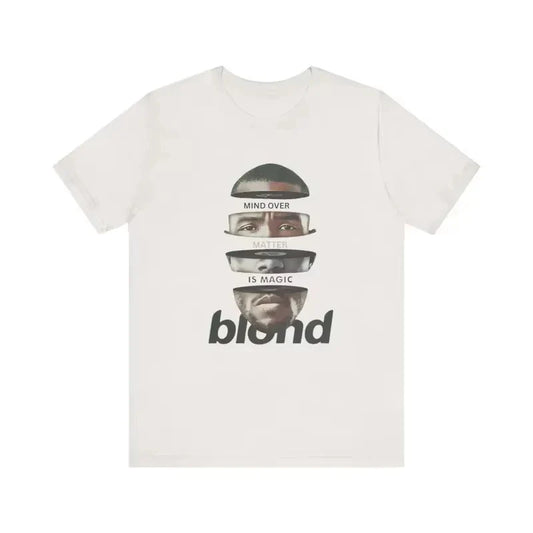 White cotton rapper frank retro graphic t shirt with layered face design mind over matter is magic text ocean album clothing