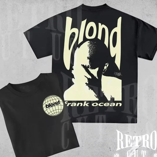 Black cotton t-shirt featuring rapper frank retro cream graphic with blond lettering and hip hop ocean album clothing logo