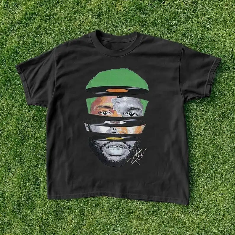 Black cotton rapper frank retro graphic t shirt featuring a stylized man with vinyl records and green cap y2k unisex blond hip hop ocean