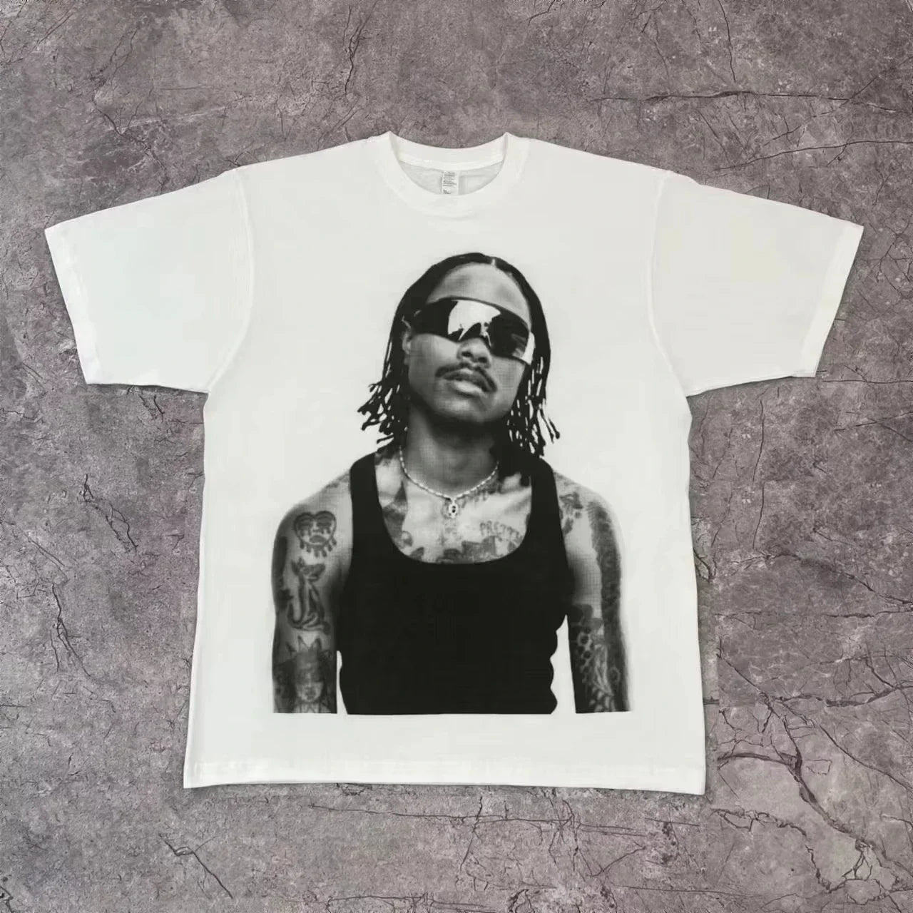 White cotton oversized t-shirt with black and white tattooed man graphic featuring rapper frank retro and hip hop ocean style