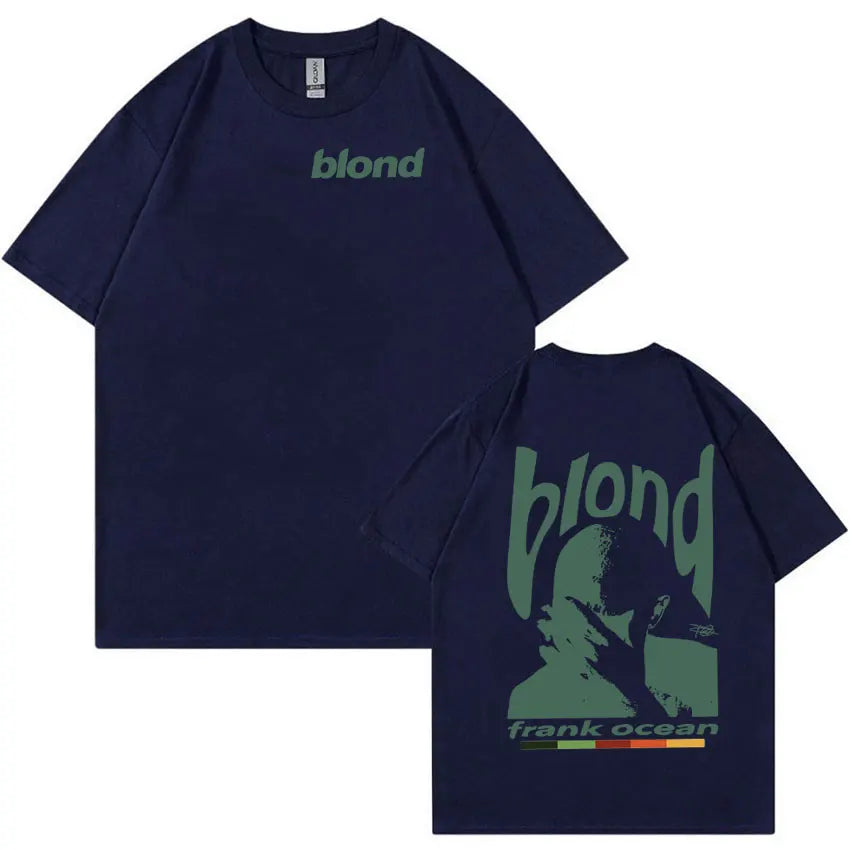 Dark navy cotton t-shirt with green blond logo front and rapper frank retro graphic on back hip hop ocean style y2k unisex