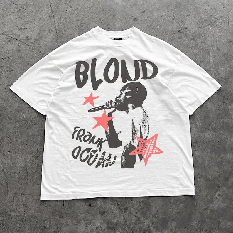 White oversized cotton t shirt with a black and red rapper frank retro graphic from hop ocean album y2k unisex blond style