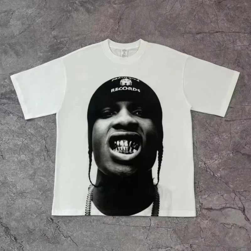 White cotton short-sleeved t-shirt with rapper frank retro black-and-white hip hop ocean graphic y2k unisex blond style