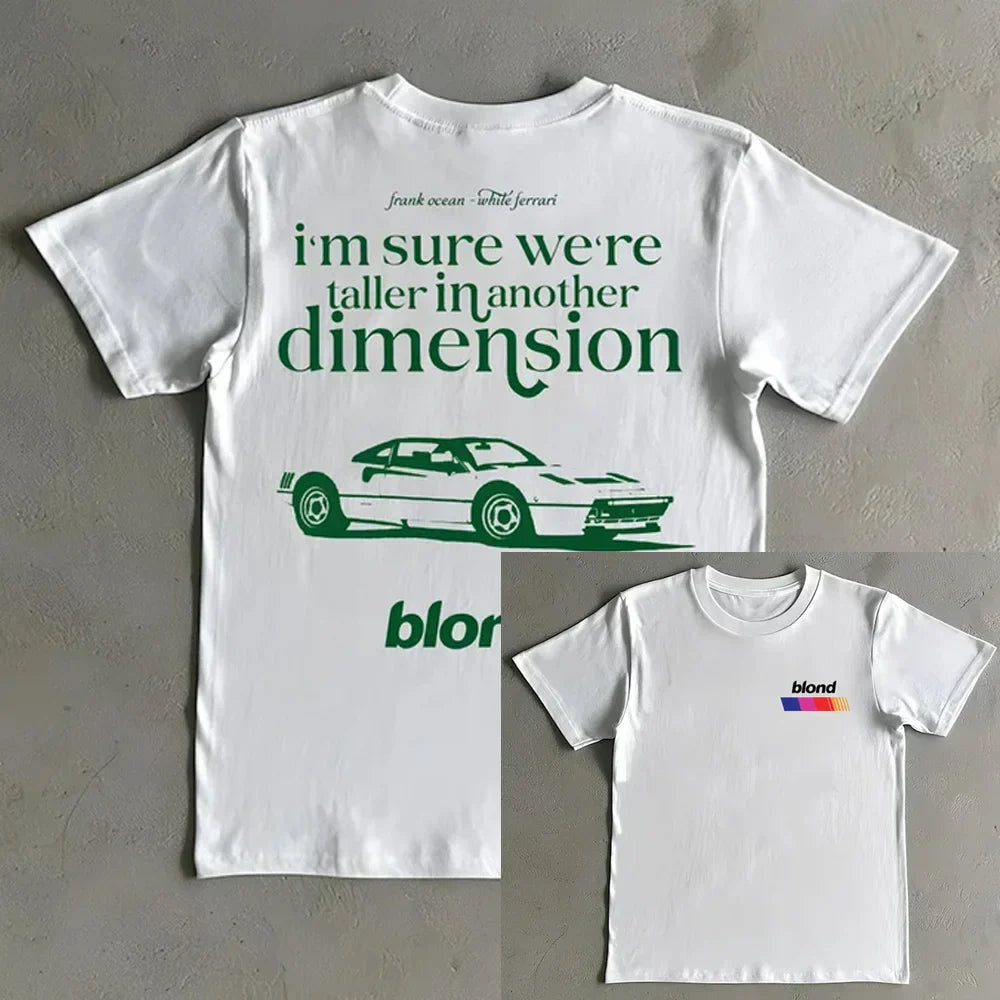 White cotton rapper frank retro graphic t shirt with green text car graphic and blond brand for y2k unisex hip hop ocean style