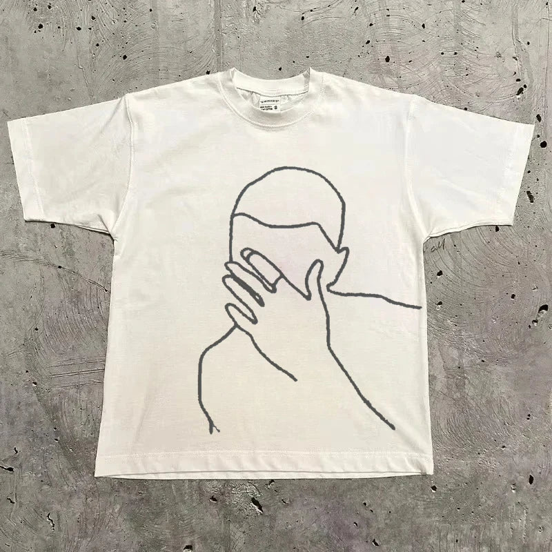 A minimalist white cotton rapper frank retro t shirt with a black line drawing for hip hop ocean blond fashion oversized style