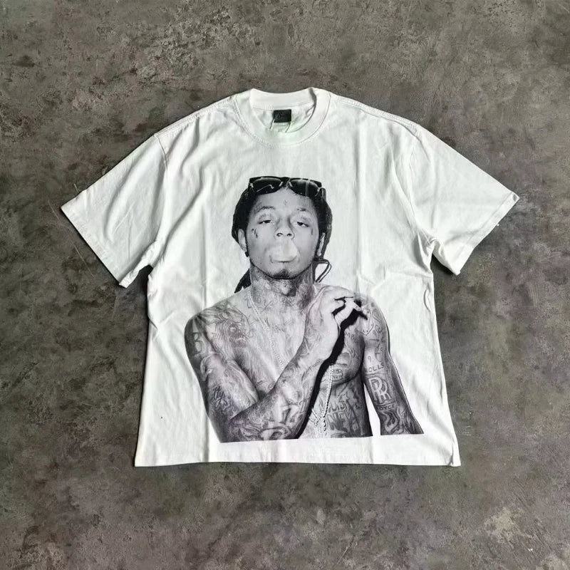 White cotton rapper frank retro t shirt with black and white tattooed man graphic hip hop ocean y2k unisex blond style