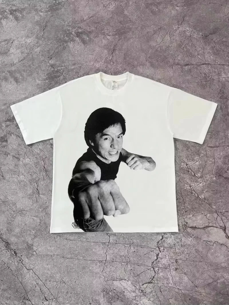 White cotton rapper frank retro t shirt with black and white bruce lee graphic for y2k unisex blond hip hop ocean style
