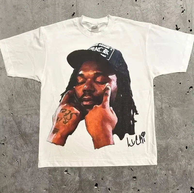 White cotton rapper frank retro t shirt with hip hop ocean graphic of man with dreadlocks and blond fashion oversized fit