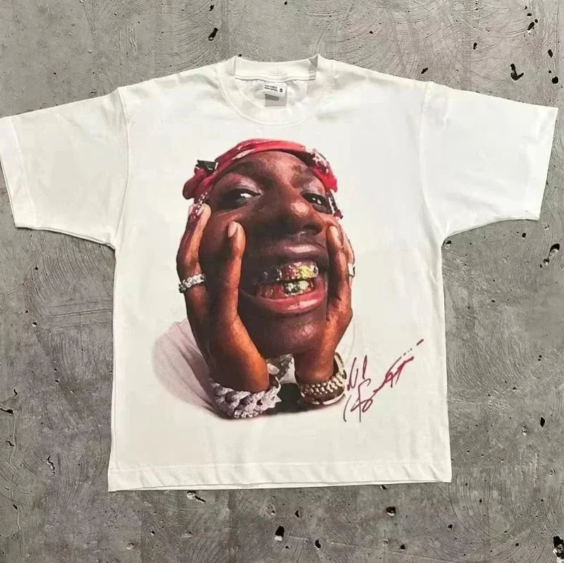 White cotton t-shirt featuring rapper frank retro full-color graphic print with smiling man and y2k unisex blond style