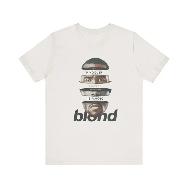 Off-white cotton rapper frank retro graphic t shirt with layered face print and mind over matter is magic text for y2k unisex blond hip hop ocean style