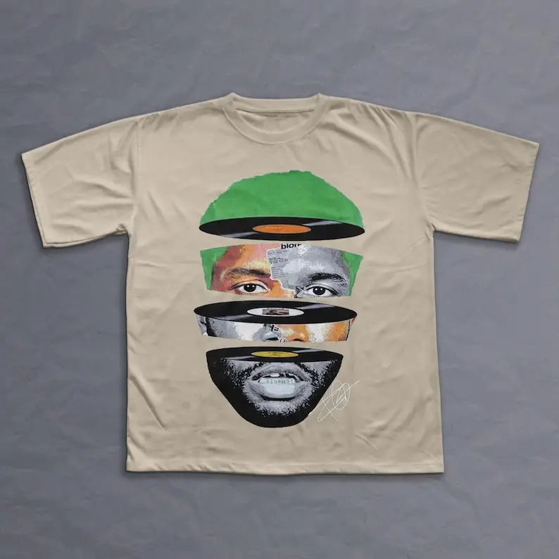 Beige oversized cotton t shirt featuring rapper frank retro layered vinyl face graphic for y2k unisex blond hip hop ocean album
