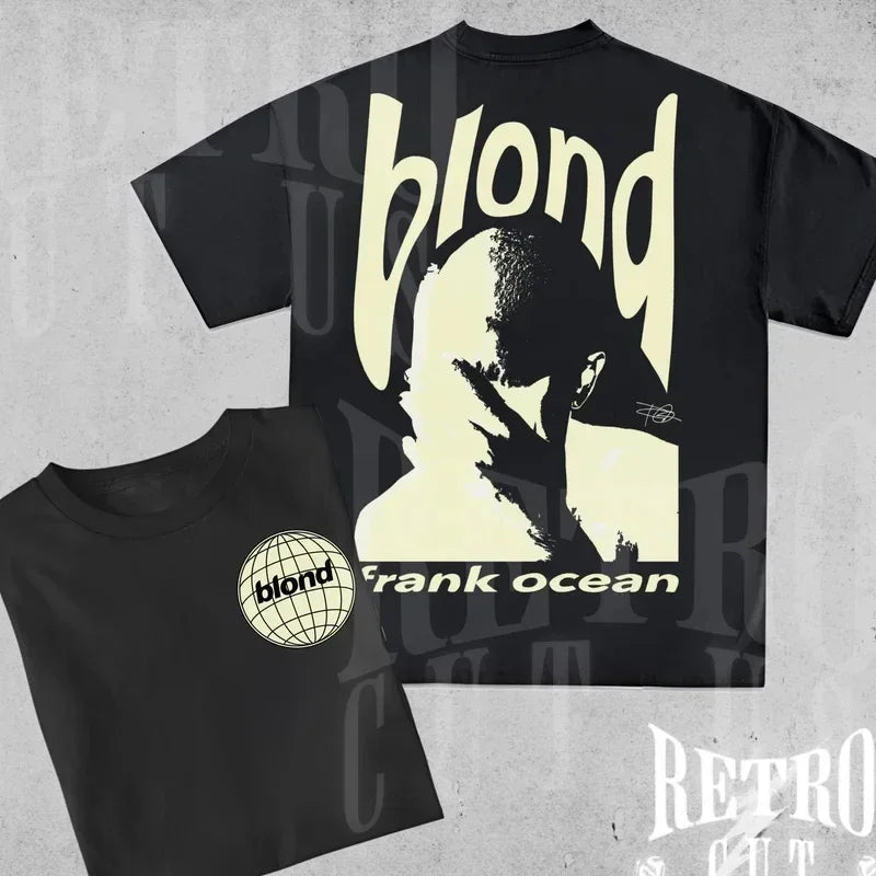 Black fashion oversized cotton t-shirt featuring rapper frank retro cream graphic with blond and hip hop ocean design