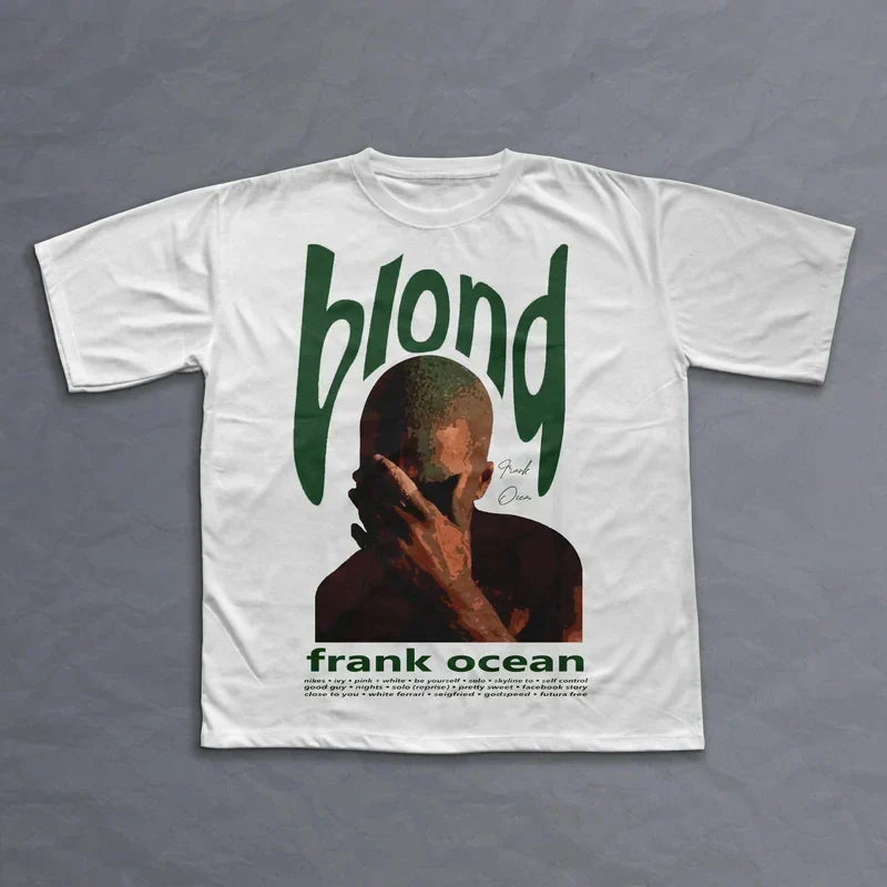 White cotton t-shirt featuring green y2k unisex blond graphic with rapper frank retro illustration and hip hop ocean text