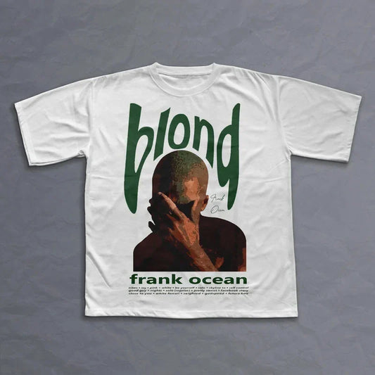 White cotton oversized t-shirt featuring a green y2k unisex blond graphic with rapper frank retro ocean illustration and name
